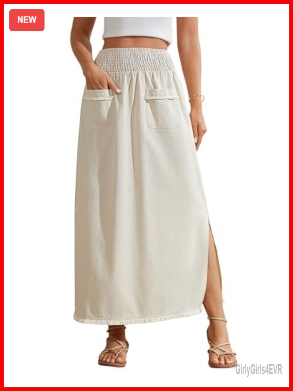 Linen Cotton Maxi Skirt Side Slit Pockets Smocked Waist A-Line